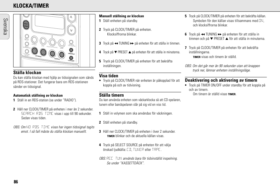 Klocka/timer, Svenska, Ställa klockan | Visa tiden, Ställa timern, Deaktivering och aktivering av timern | Philips MC145C-37 User Manual | Page 86 / 148