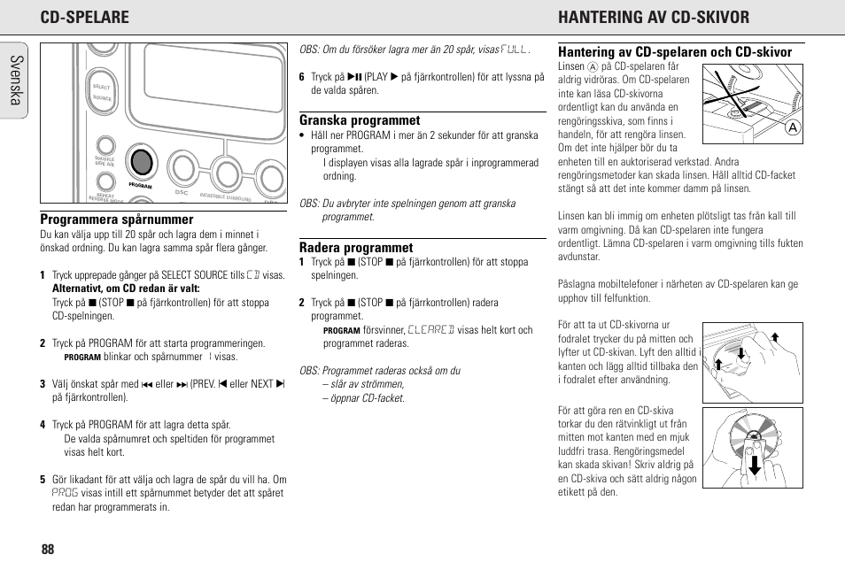 Acd-spelare hantering av cd-skivor, Svenska, Programmera spårnummer | Granska programmet, Radera programmet, Hantering av cd-spelaren och cd-skivor | Philips MC145C-37 User Manual | Page 88 / 148