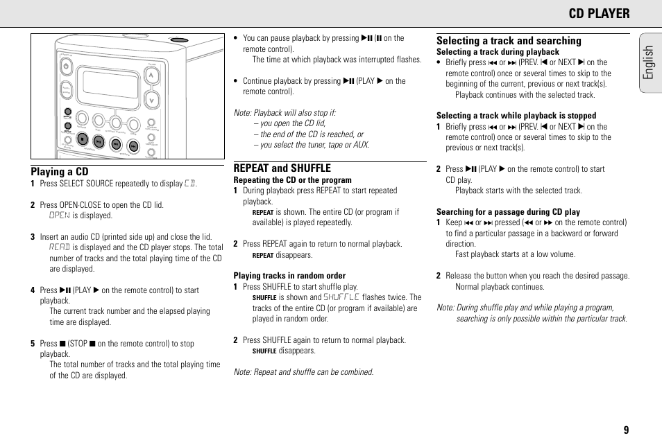 English cd player, Playing a cd, Repeat and shuffle | Selecting a track and searching, Lo s e | Philips MC145C-37 User Manual | Page 9 / 148