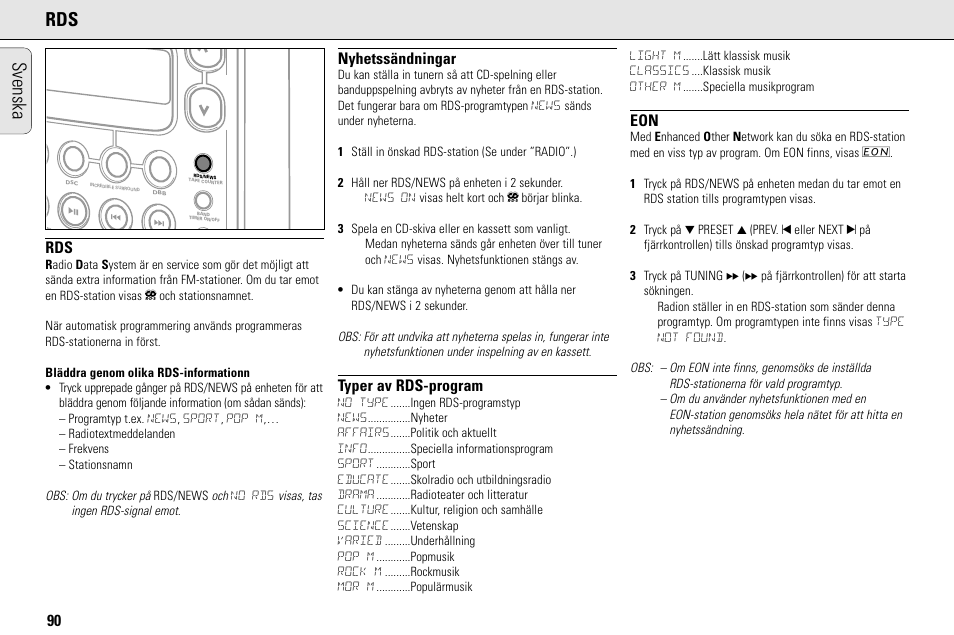 Svenska, Nyhetssändningar, Typer av rds-program | Philips MC145C-37 User Manual | Page 90 / 148