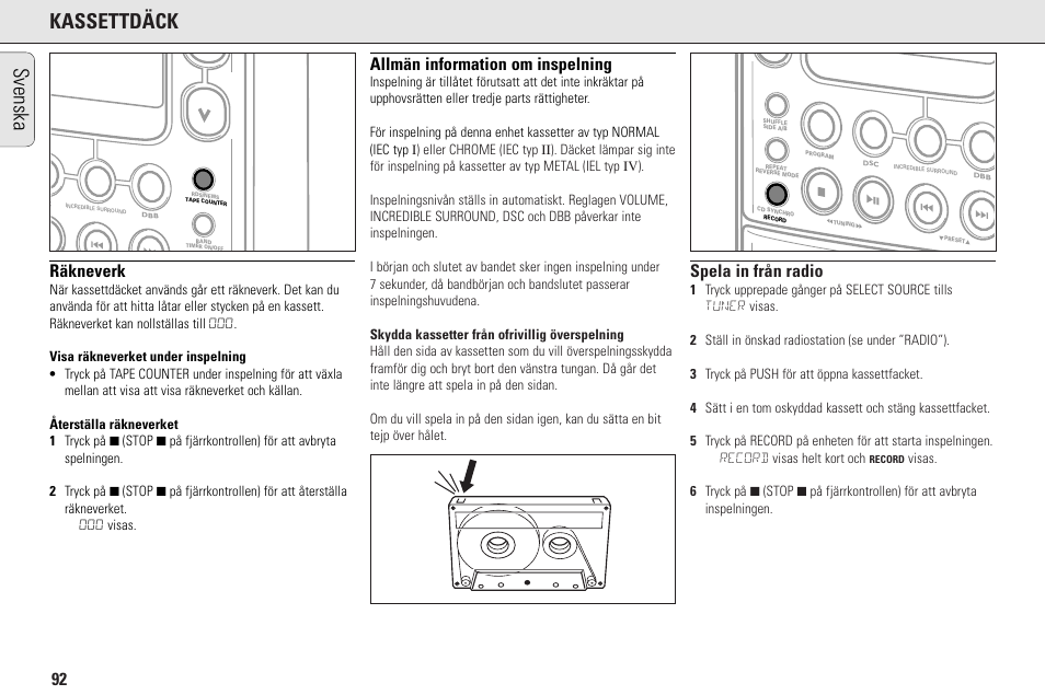 Kassettdäck, Svenska, Räkneverk | Allmän information om inspelning, Spela in från radio | Philips MC145C-37 User Manual | Page 92 / 148