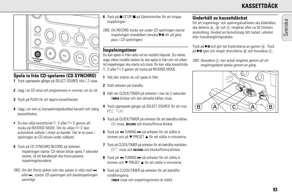Ab a c b, Kassettdäck, Svenska | Spela in från cd-spelaren (cd synchro), Inspelningstimer, Underhåll av kassettdäcket | Philips MC145C-37 User Manual | Page 93 / 148