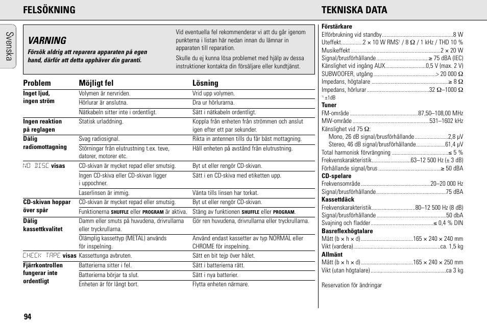 Svenska felsökning tekniska data, Varning, Problem möjligt fel lösning | Philips MC145C-37 User Manual | Page 94 / 148