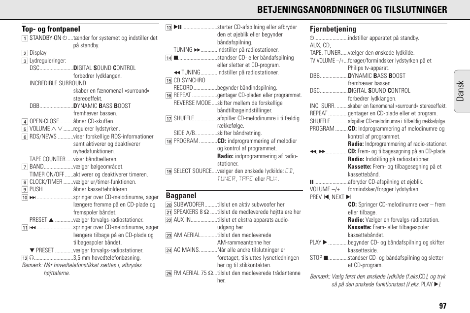 Betjeningsanordninger og tilslutninger, Dansk, 97 top- og frontpanel | Bagpanel, Fjernbetjening | Philips MC145C-37 User Manual | Page 97 / 148