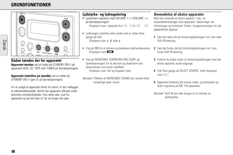 Dansk grundfunktioner, Sådan tændes der for apparatet, Lydstyrke- og lydregulering | Anvendelse af ekstra apparater | Philips MC145C-37 User Manual | Page 98 / 148