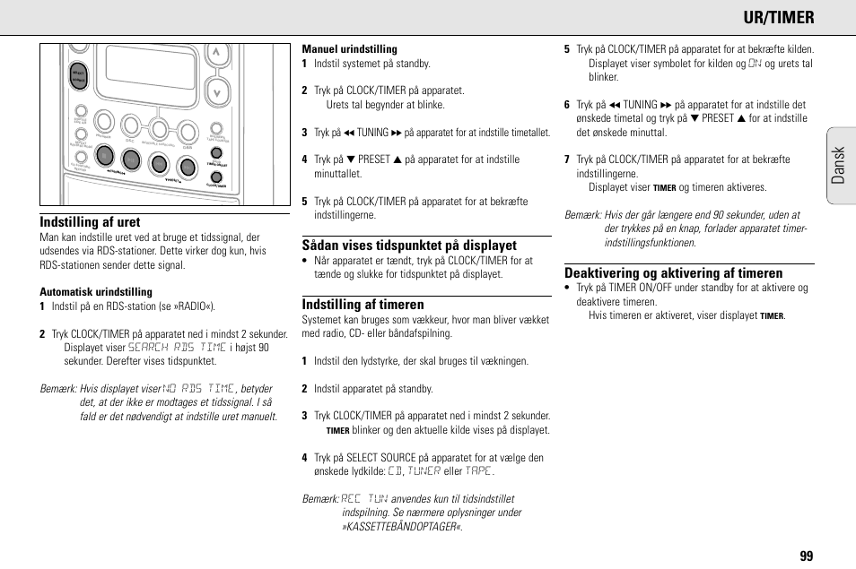 Dansk ur/timer, Indstilling af uret, Sådan vises tidspunktet på displayet | Indstilling af timeren, Deaktivering og aktivering af timeren | Philips MC145C-37 User Manual | Page 99 / 148