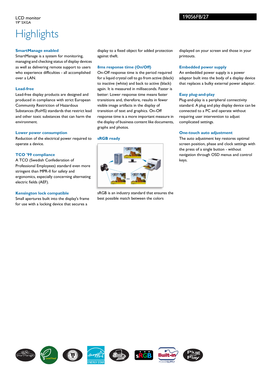 Highlights | Philips LCD monitor 190S6FB 48 cm 19" SXGA User Manual | Page 2 / 3