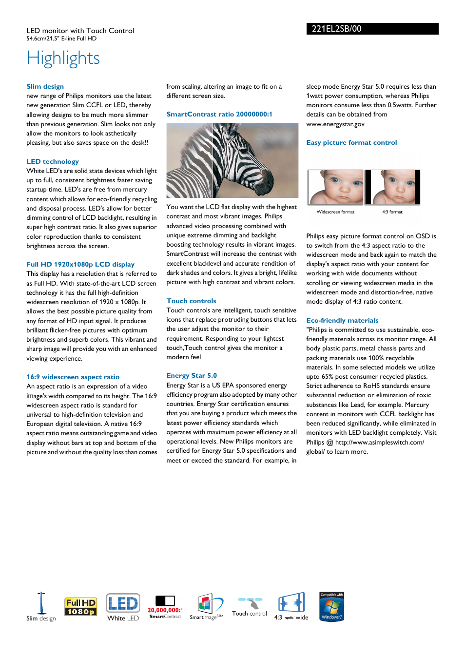 Highlights | Philips 221EL2SB-00 User Manual | Page 2 / 3