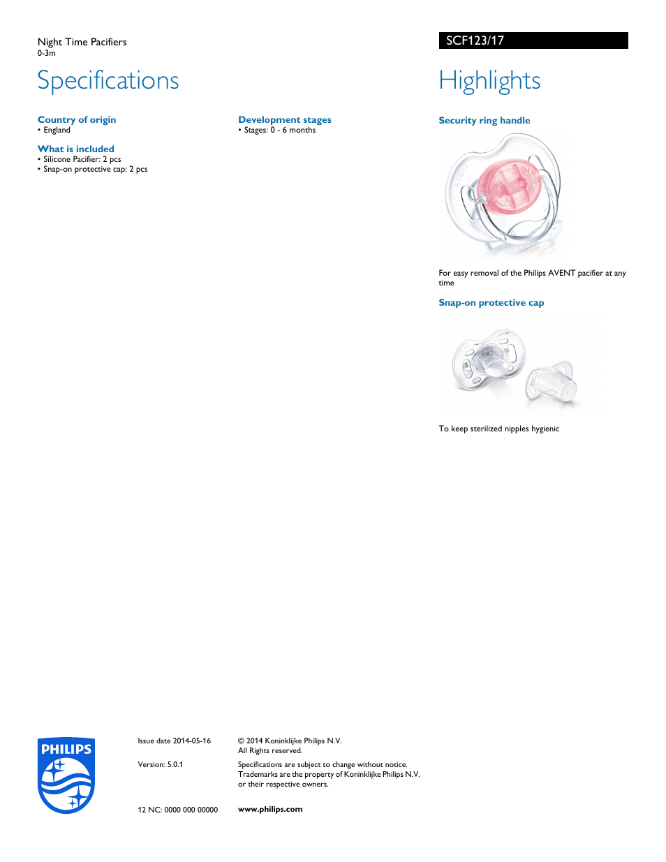 Specifications, Highlights | Philips SCF123-17 User Manual | Page 2 / 2