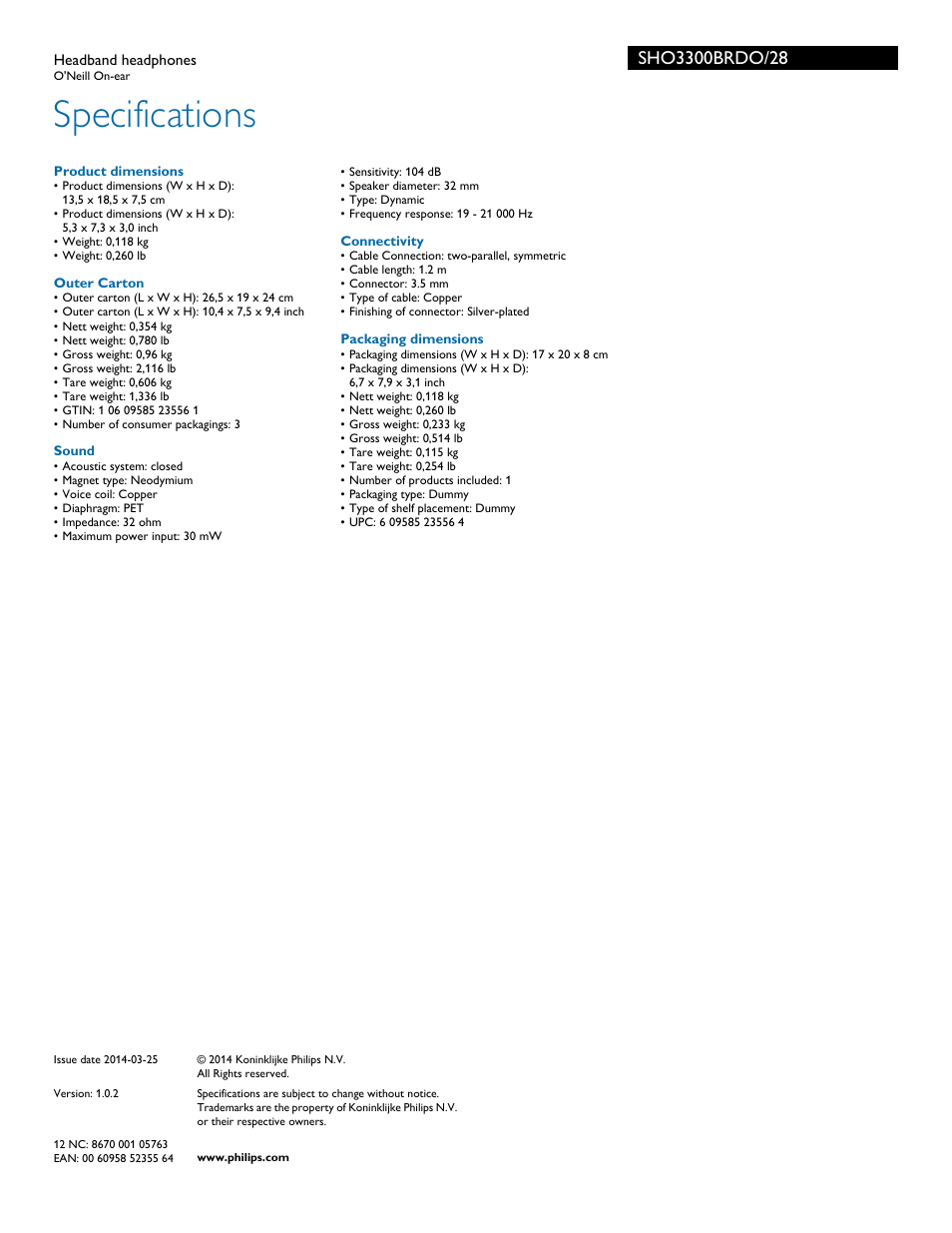 Specifications | Philips SHO3300BRDO-28 User Manual | Page 3 / 3