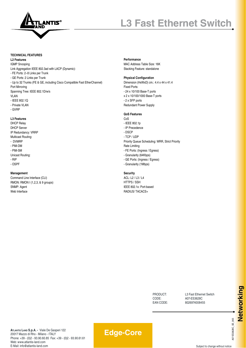 L3 fast ethernet switch, Edge-core, Networking | Atlantis Land A07-ES3628C User Manual | Page 2 / 2