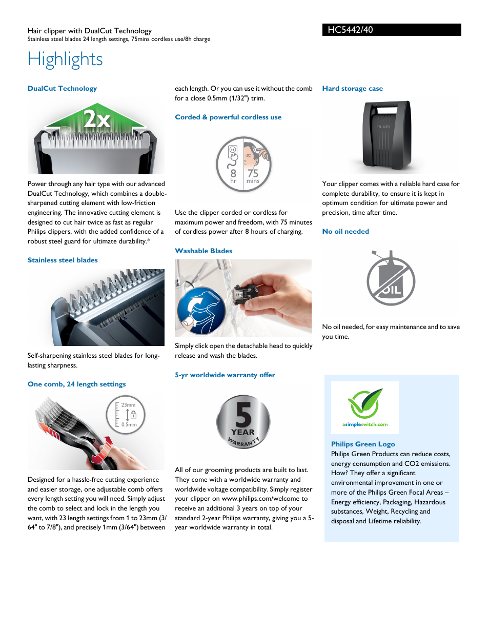 Highlights | Philips HC5442-40 User Manual | Page 2 / 3