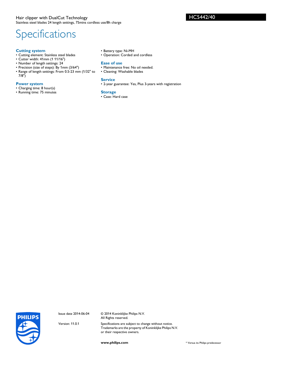 Specifications | Philips HC5442-40 User Manual | Page 3 / 3