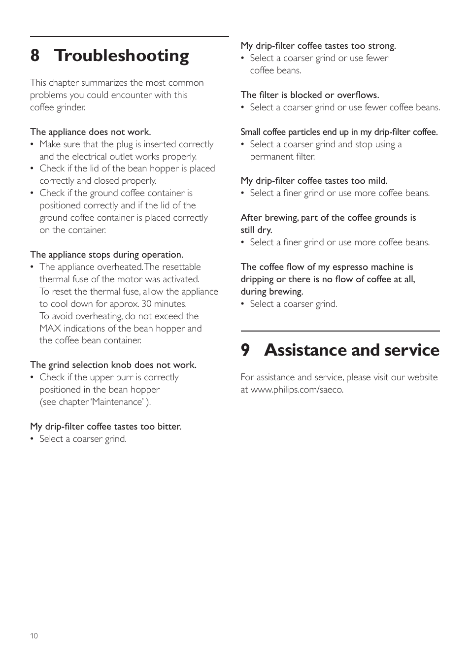 9 assistance and service, 8 troubleshooting | Philips CA6805-47 User Manual | Page 10 / 28