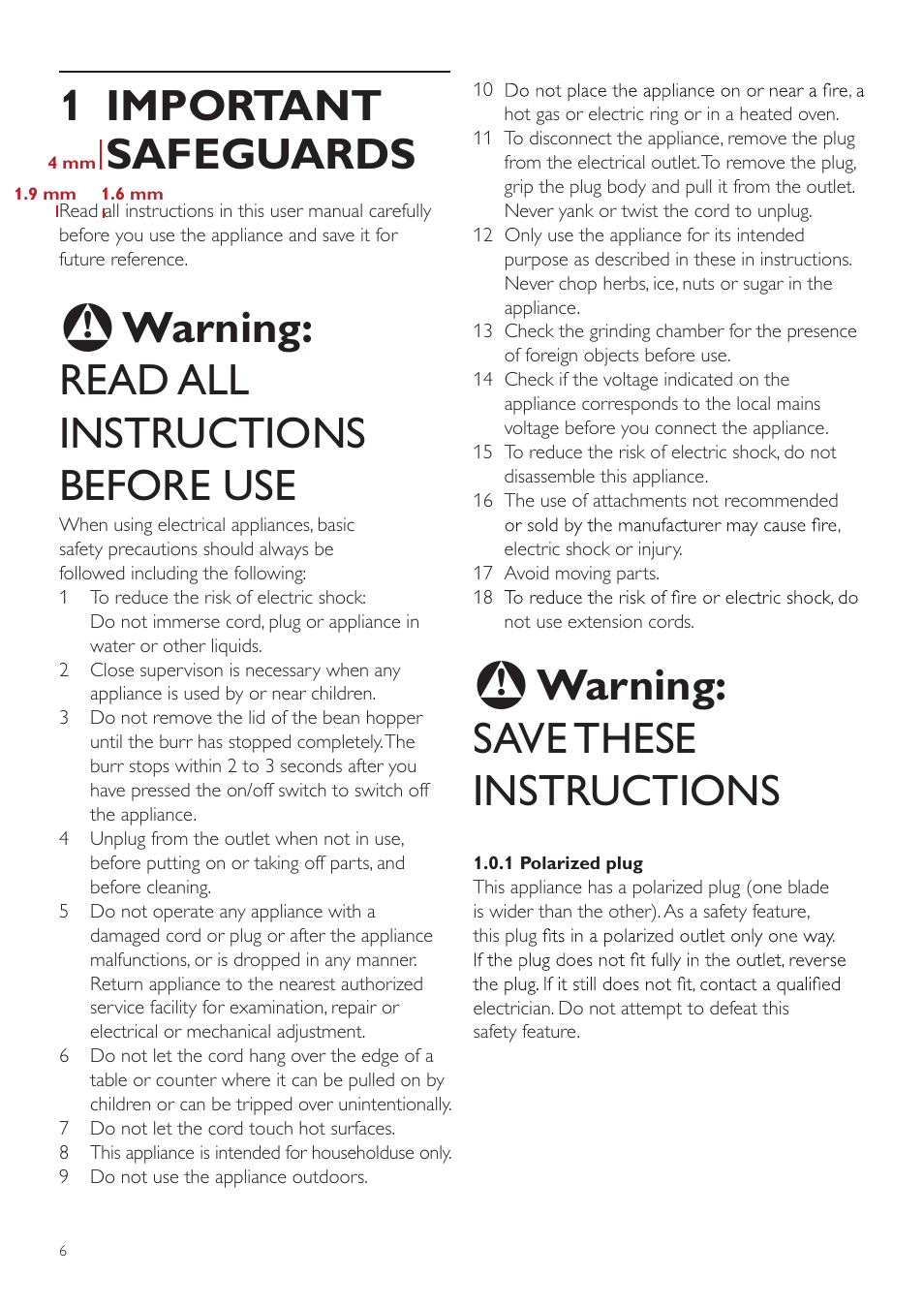 Bwarning: save these instructions, Important safeguards, Bwarning: read all instructions before use | Philips CA6805-47 User Manual | Page 6 / 28