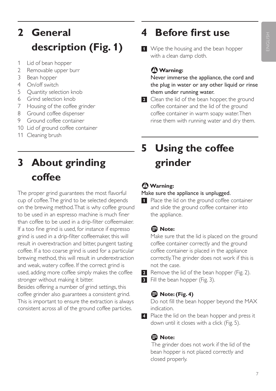 4 before first use, 5 using the coffee grinder, 2 general description (fig. 1) | 3 about grinding coffee | Philips CA6805-47 User Manual | Page 7 / 28