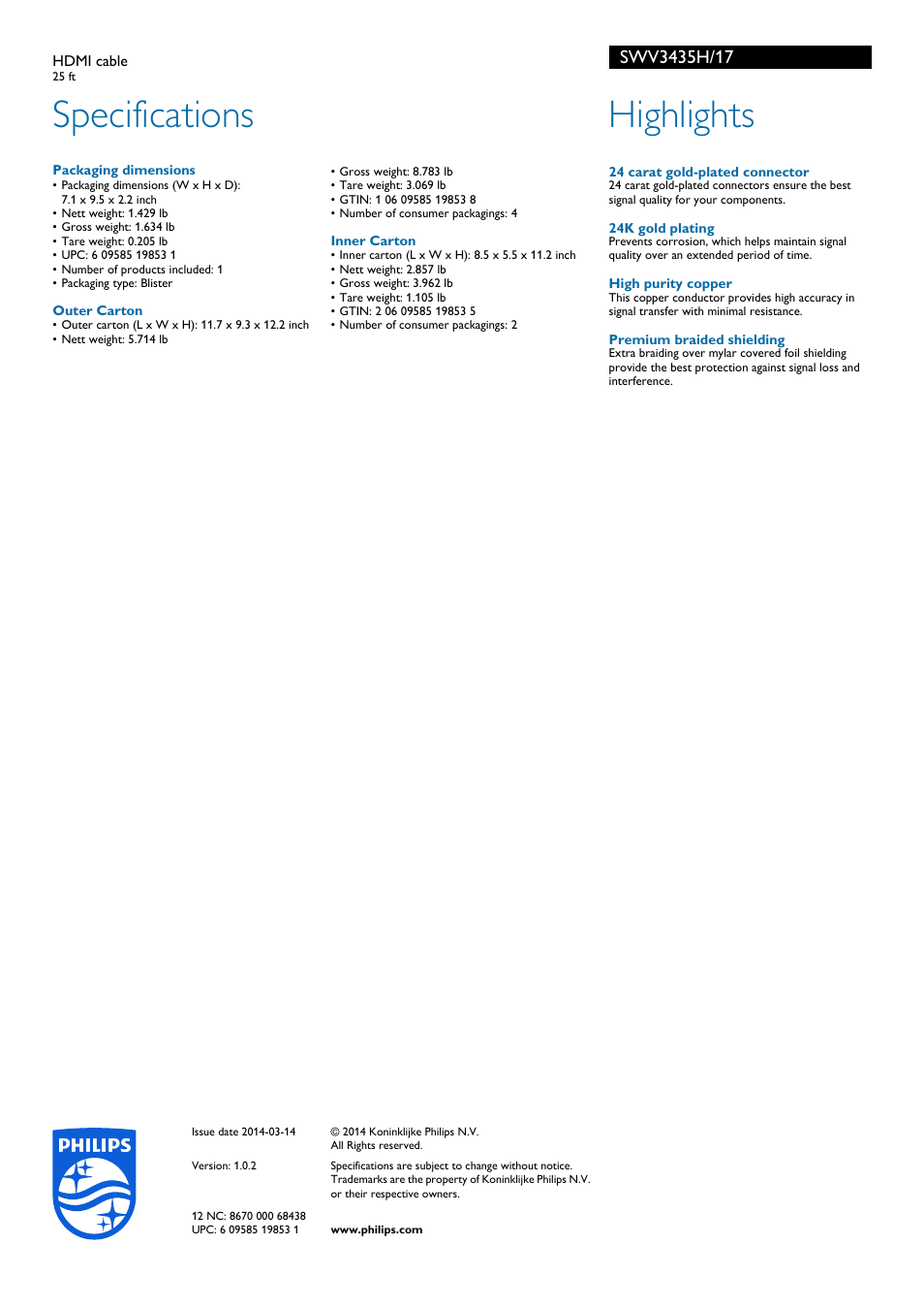 Specifications, Highlights | Philips SWV3435H-17 User Manual | Page 2 / 2