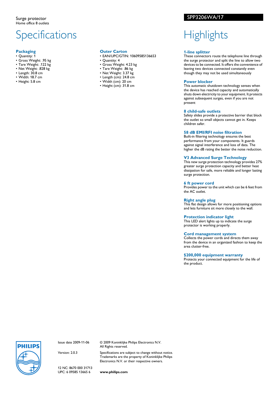 Specifications, Highlights | Philips SPP3206WA-17 User Manual | Page 2 / 2