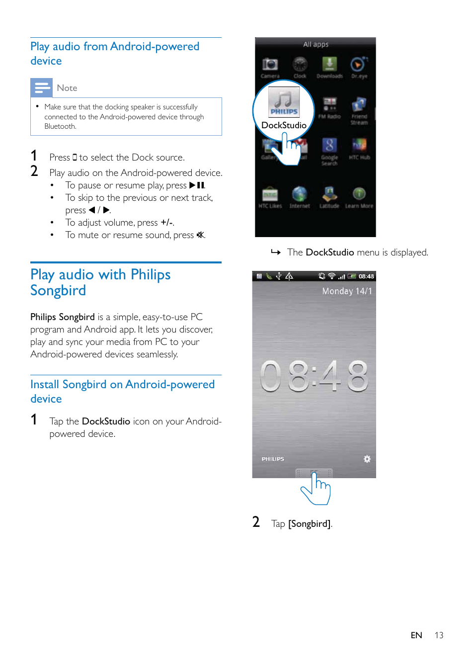 Play audio from android-powered device, Play audio with philips songbird, Install songbird on android-powered device | Play audio from android-powered, Device, Install songbird on android, Powered device | Philips AS851-37 User Manual | Page 14 / 26