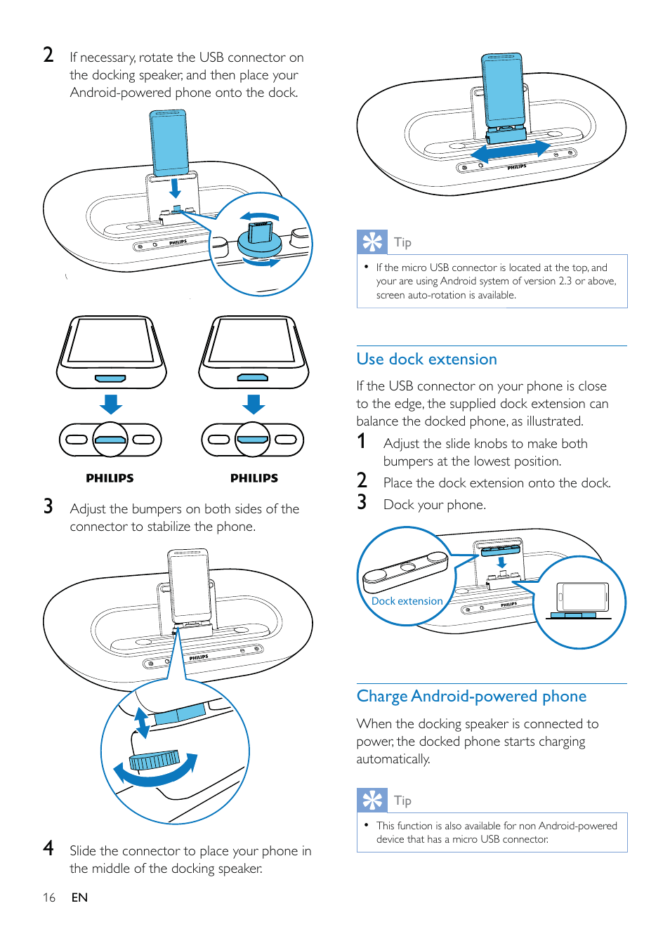 Use dock extension, Charge android-powered phone | Philips AS851-37 User Manual | Page 17 / 26