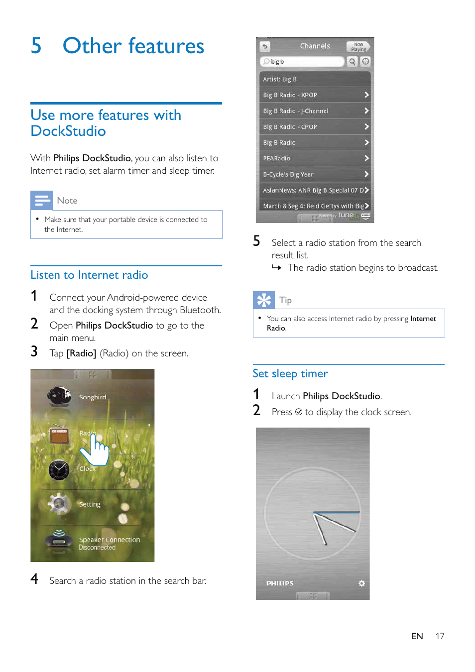 5 other features, Use more features with dockstudio, Listen to internet radio | Set sleep timer | Philips AS851-37 User Manual | Page 18 / 26