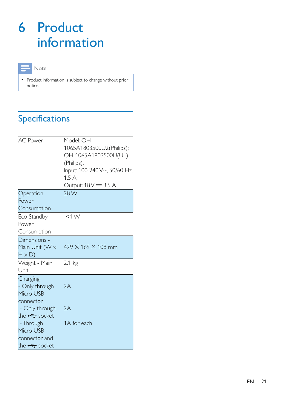 6 product information, Specifications, 6shflàfdwlrqv | Philips AS851-37 User Manual | Page 22 / 26