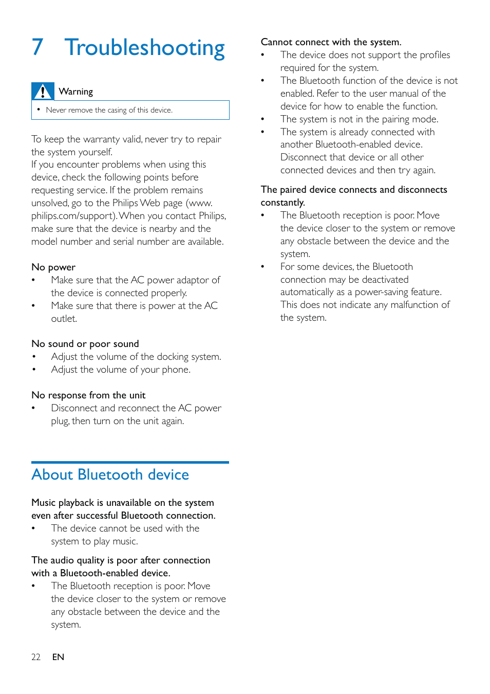 7 troubleshooting, About bluetooth device | Philips AS851-37 User Manual | Page 23 / 26