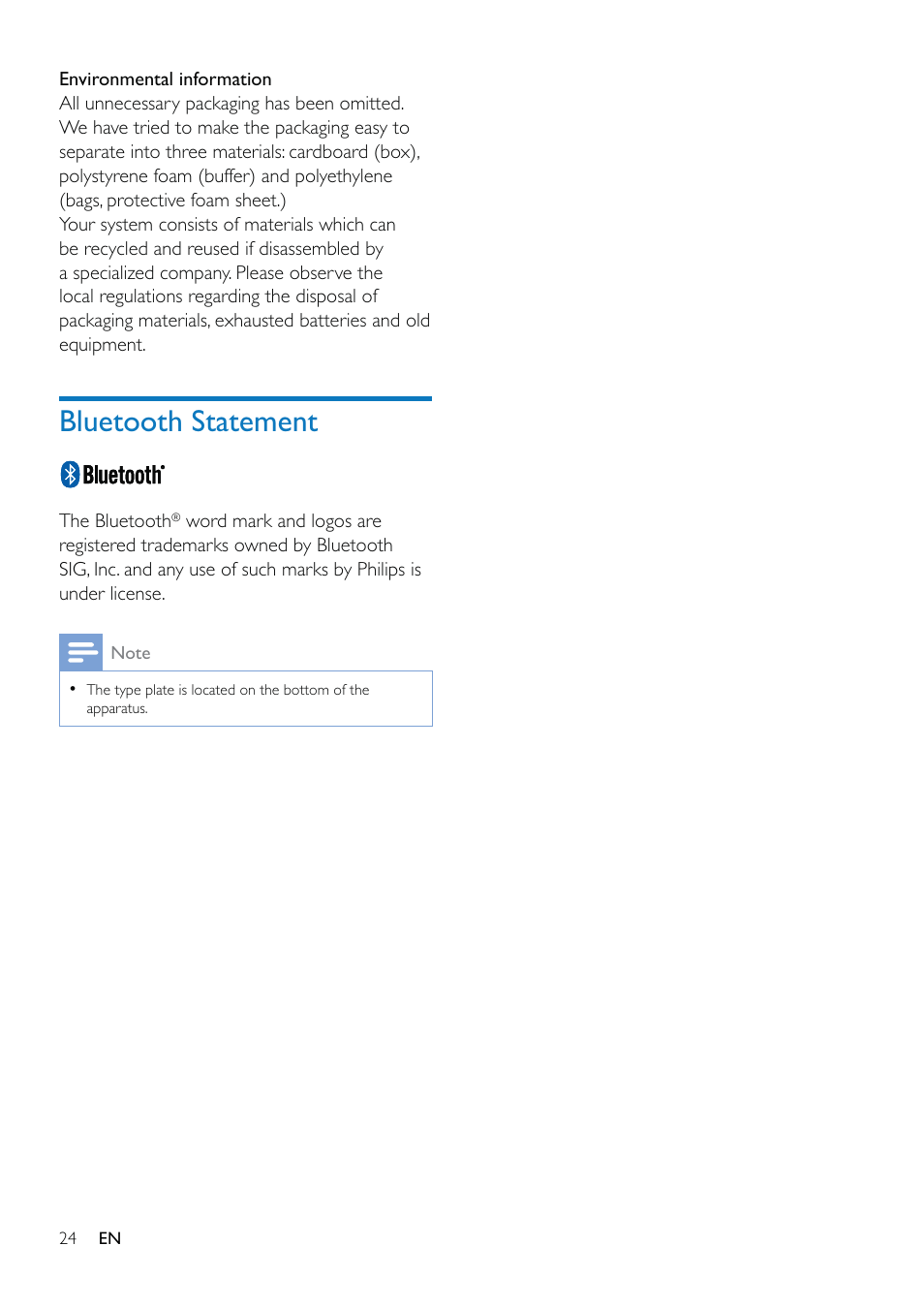 Bluetooth statement | Philips AS851-37 User Manual | Page 25 / 26