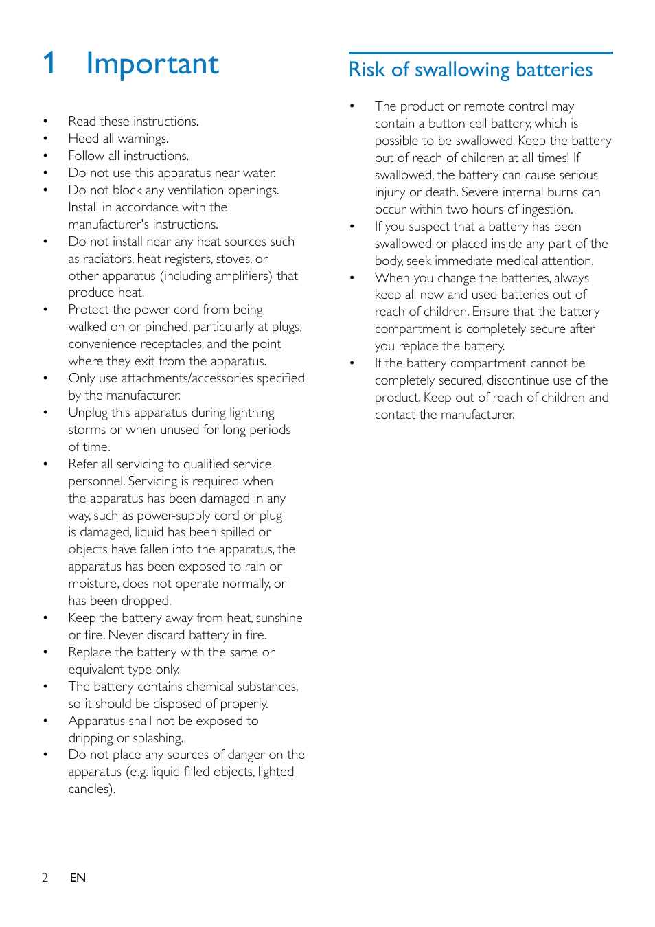 1 important, Risk of swallowing batteries | Philips AS851-37 User Manual | Page 3 / 26