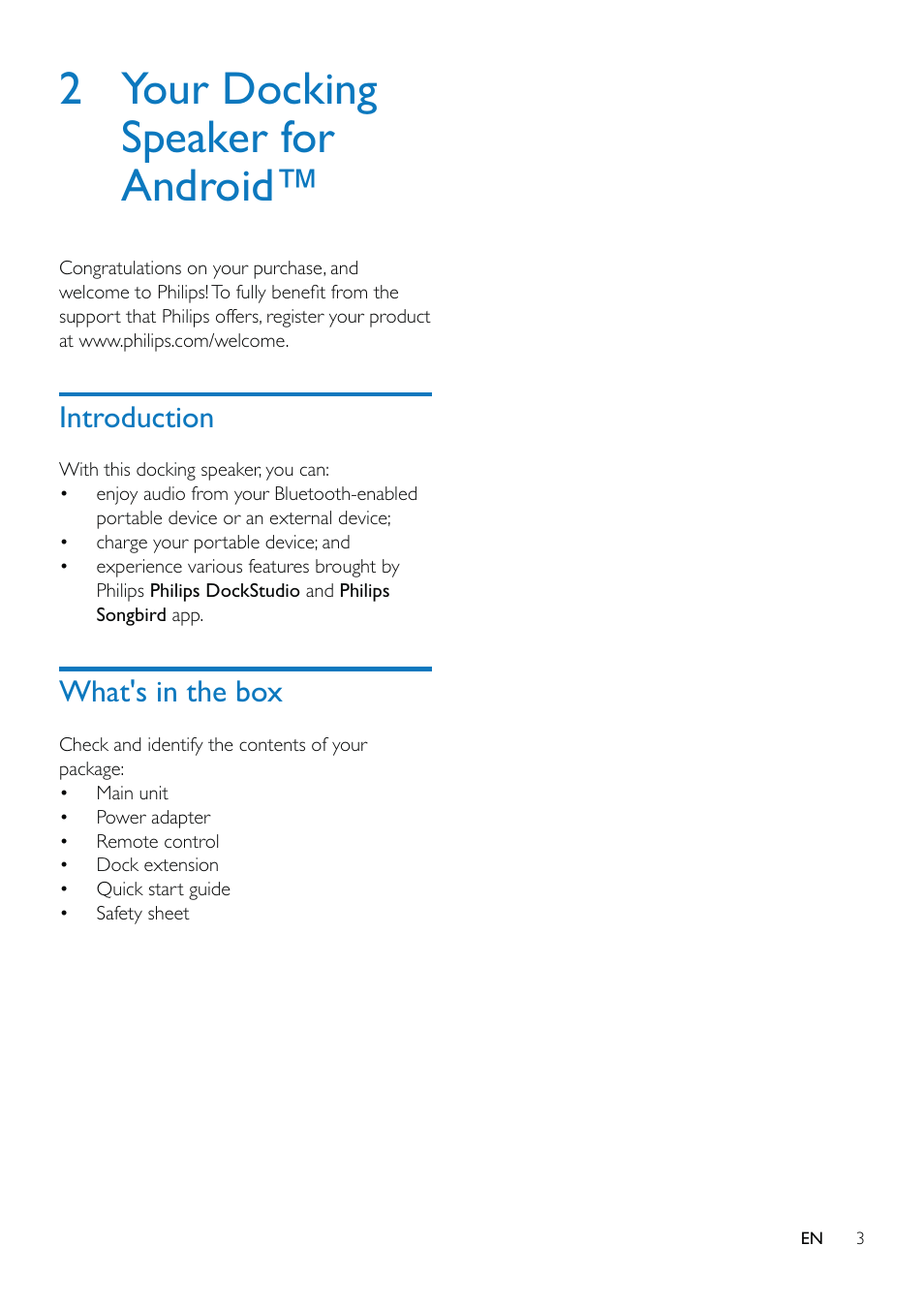 2 your docking speaker for android, Introduction, What's in the box | 2 your docking speaker for, Android | Philips AS851-37 User Manual | Page 4 / 26