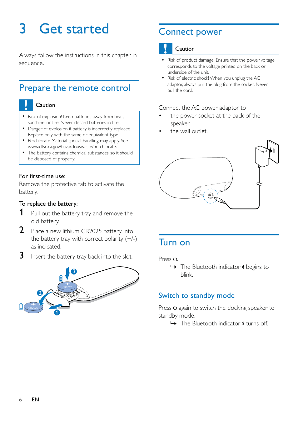 3 get started, Prepare the remote control, Connect power | Turn on, Switch to standby mode | Philips AS851-37 User Manual | Page 7 / 26