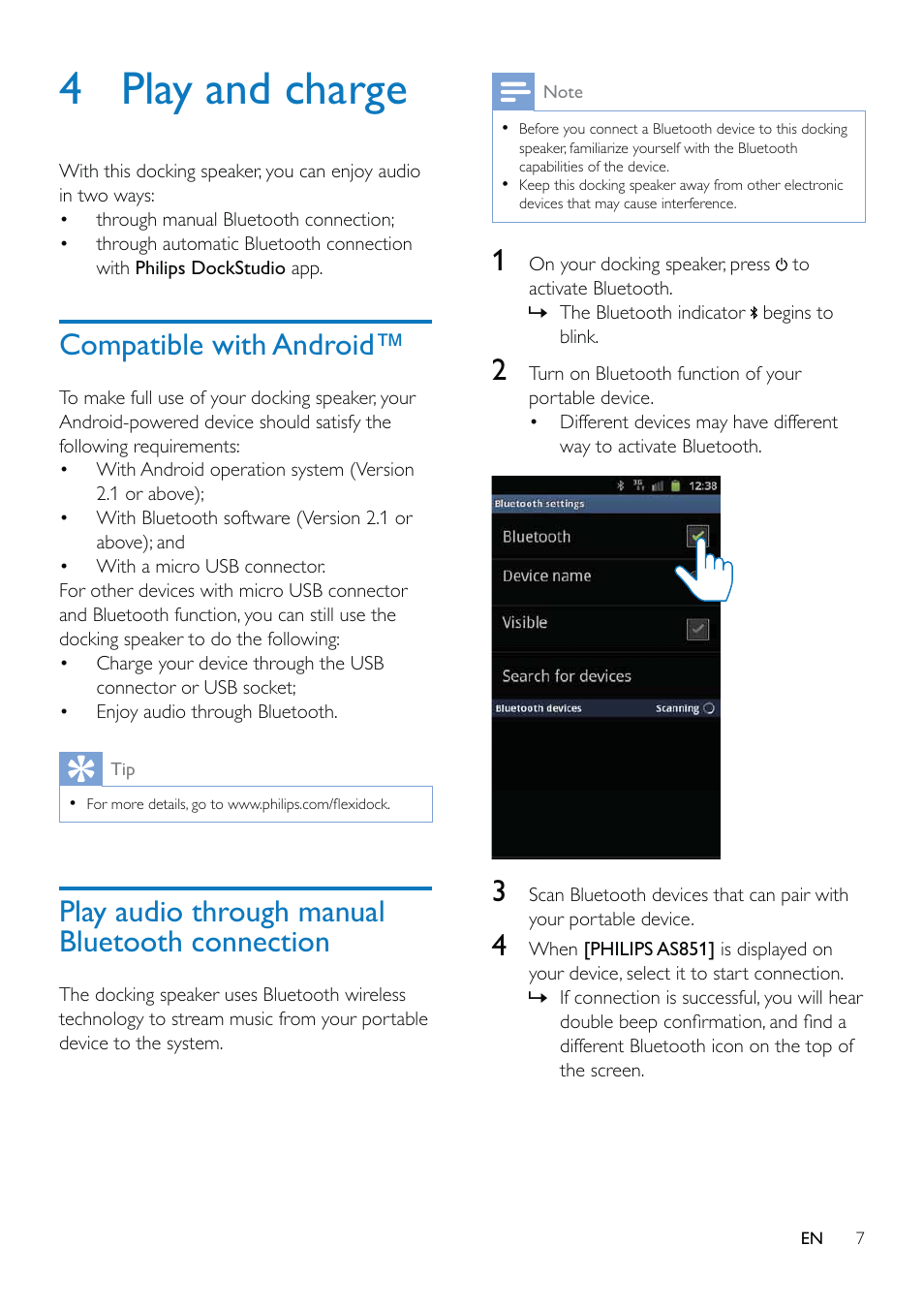 4 play and charge, Compatible with android, Play audio through manual bluetooth connection | Play audio through manual bluetooth, Connection | Philips AS851-37 User Manual | Page 8 / 26