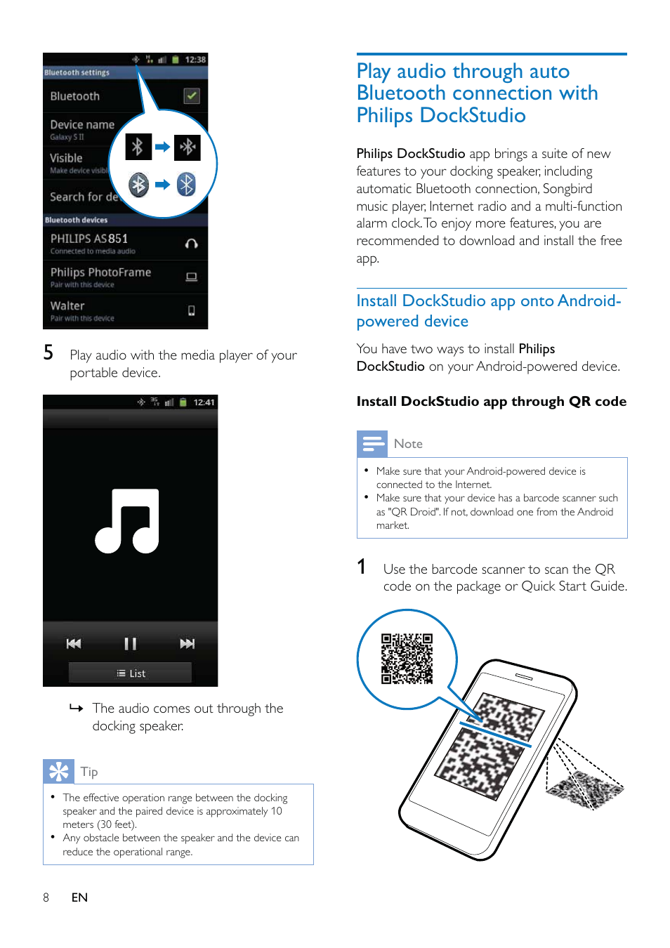 Install dockstudio app onto android-powered device, Play audio through auto bluetooth, Connection with philips dockstudio | Install dockstudio app onto, Android-powered device | Philips AS851-37 User Manual | Page 9 / 26