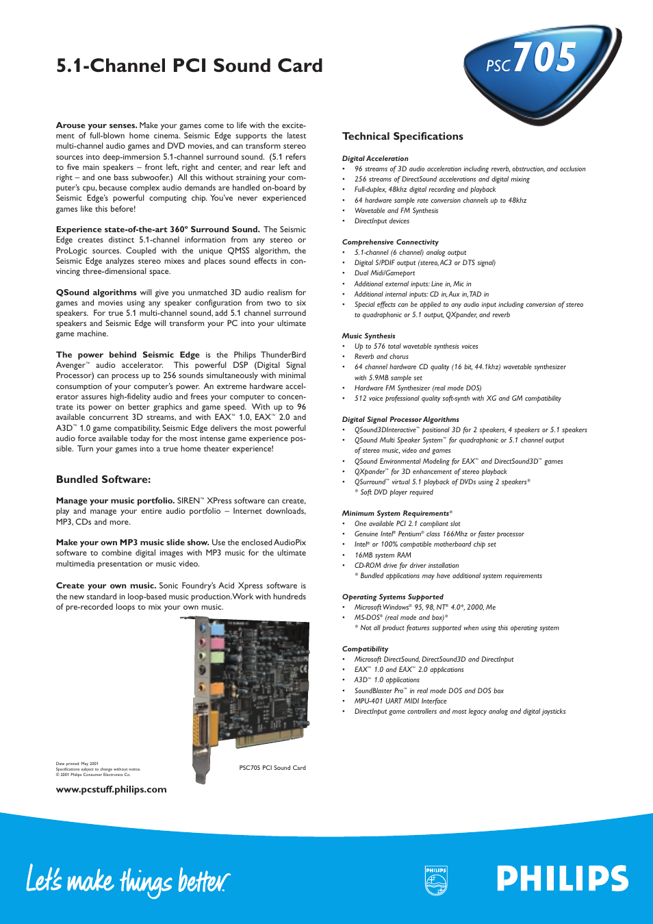 Channel pci sound card, Bundled software, Technical specifications | Philips PSC70517 User Manual | Page 2 / 2