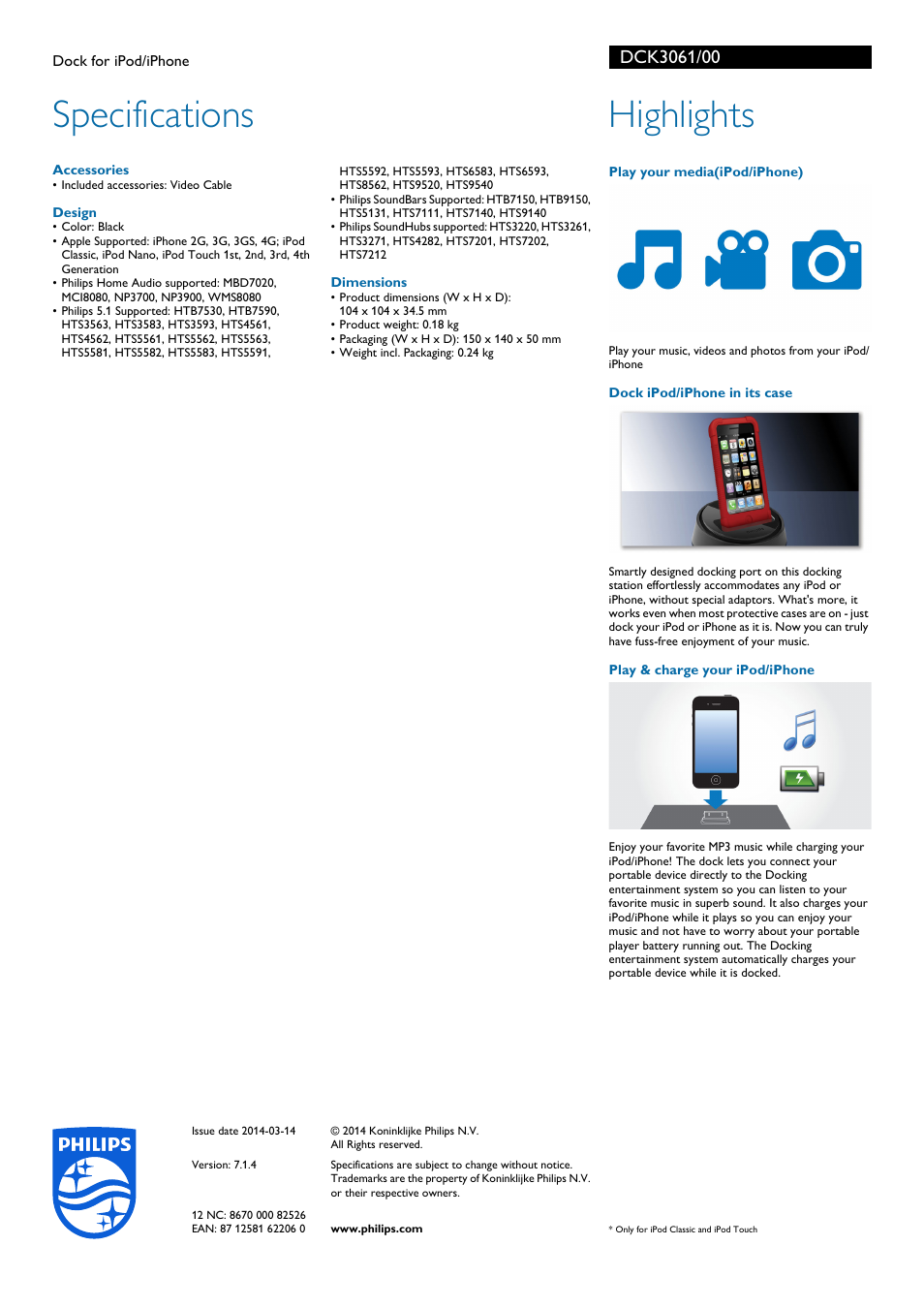 Specifications, Highlights | Philips DCK3061-00 User Manual | Page 2 / 2