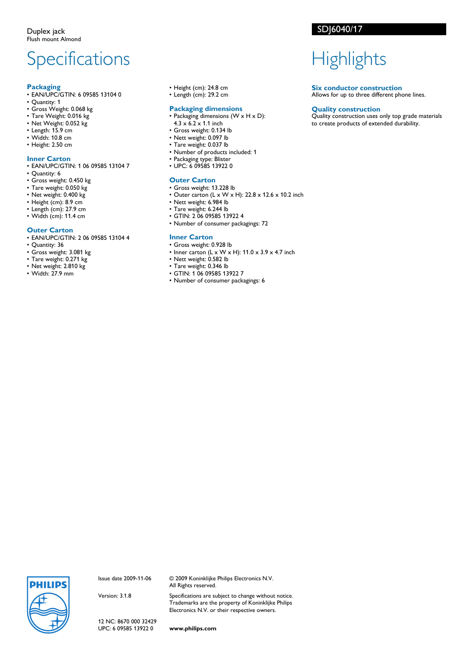 Specifications, Highlights | Philips SDJ6040-17 User Manual | Page 2 / 2