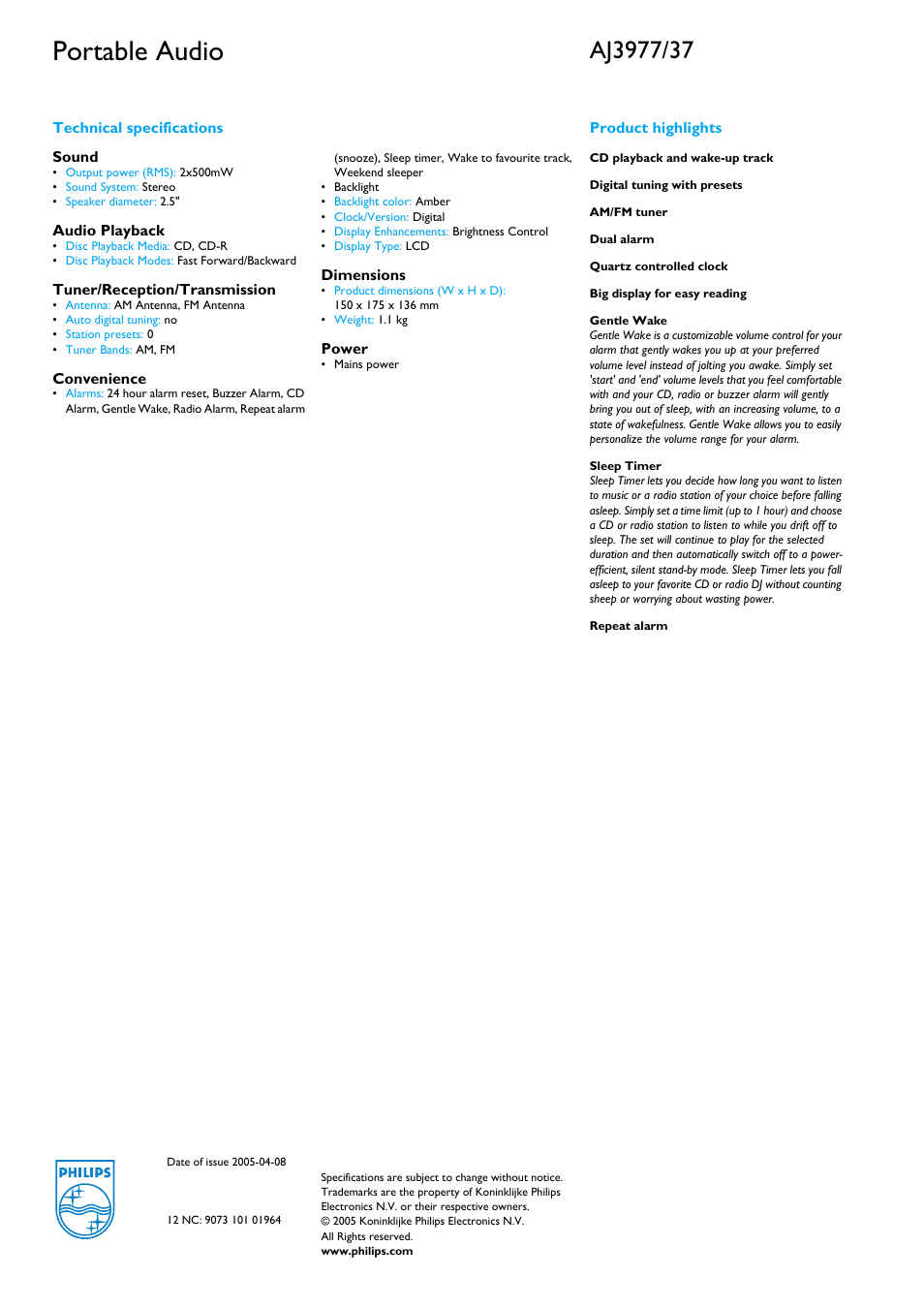 Portable audio | Philips AJ3977-37B User Manual | Page 2 / 2