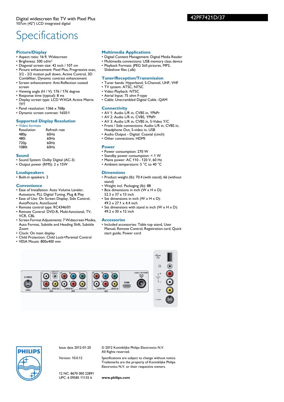 Specifications | Philips 42PF7421D-37 User Manual | Page 3 / 3