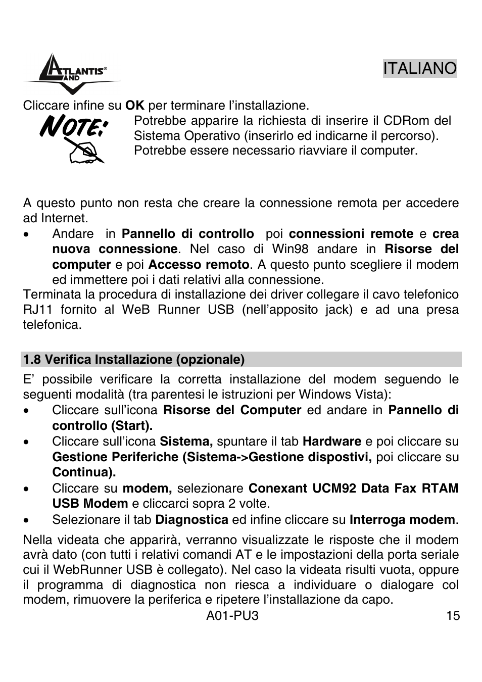 Italiano | Atlantis Land WebRunner USB V.90/V.92 56K Modem A01-PU3 User Manual | Page 14 / 37