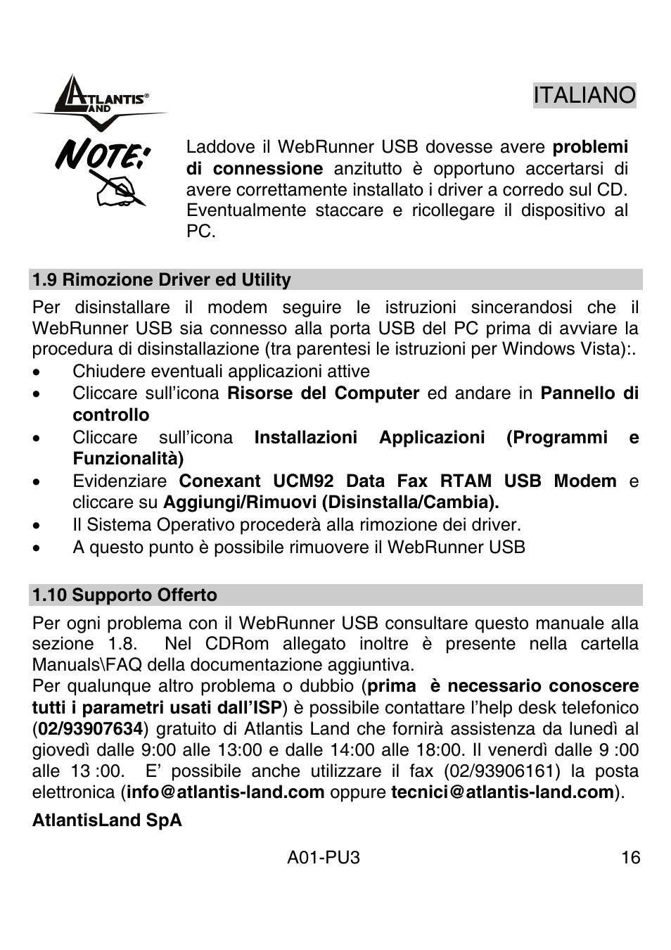 Italiano | Atlantis Land WebRunner USB V.90/V.92 56K Modem A01-PU3 User Manual | Page 15 / 37