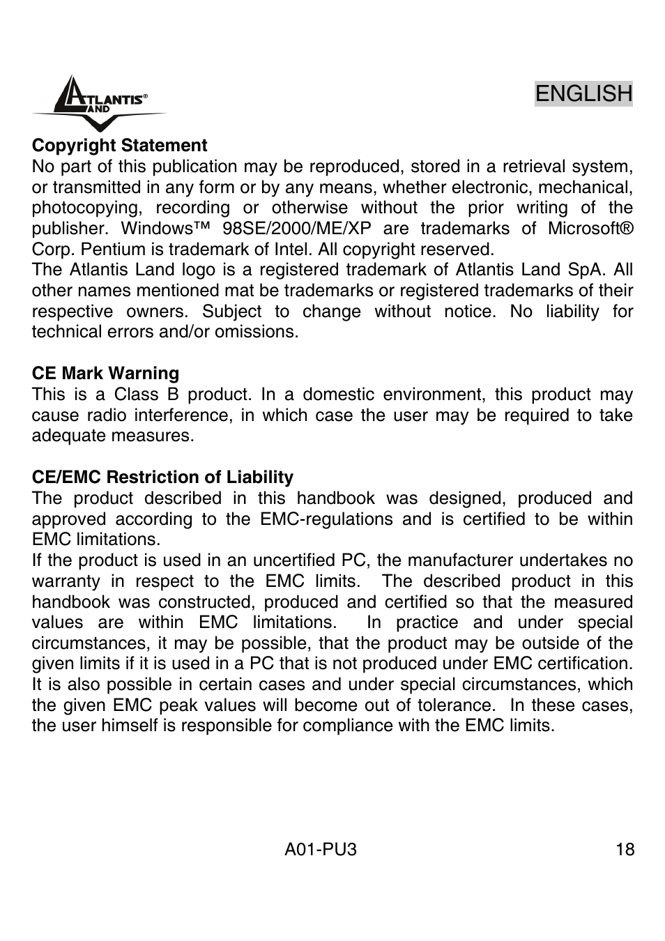 English | Atlantis Land WebRunner USB V.90/V.92 56K Modem A01-PU3 User Manual | Page 17 / 37