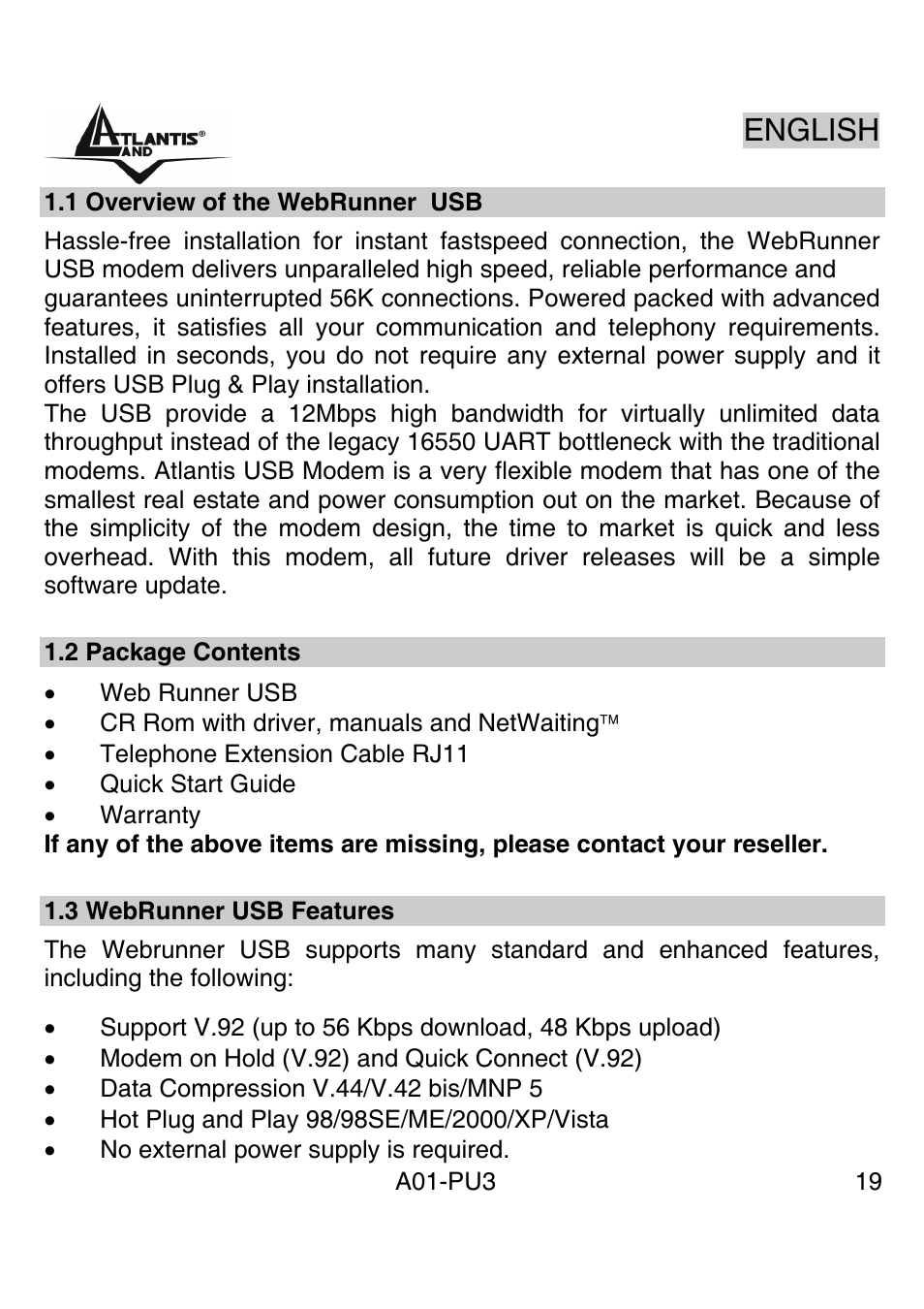 English | Atlantis Land WebRunner USB V.90/V.92 56K Modem A01-PU3 User Manual | Page 18 / 37