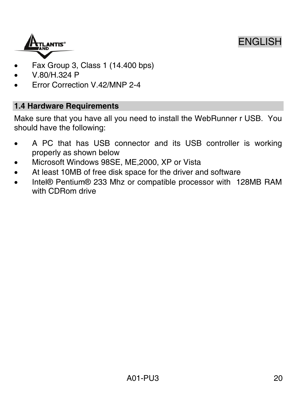 English | Atlantis Land WebRunner USB V.90/V.92 56K Modem A01-PU3 User Manual | Page 19 / 37