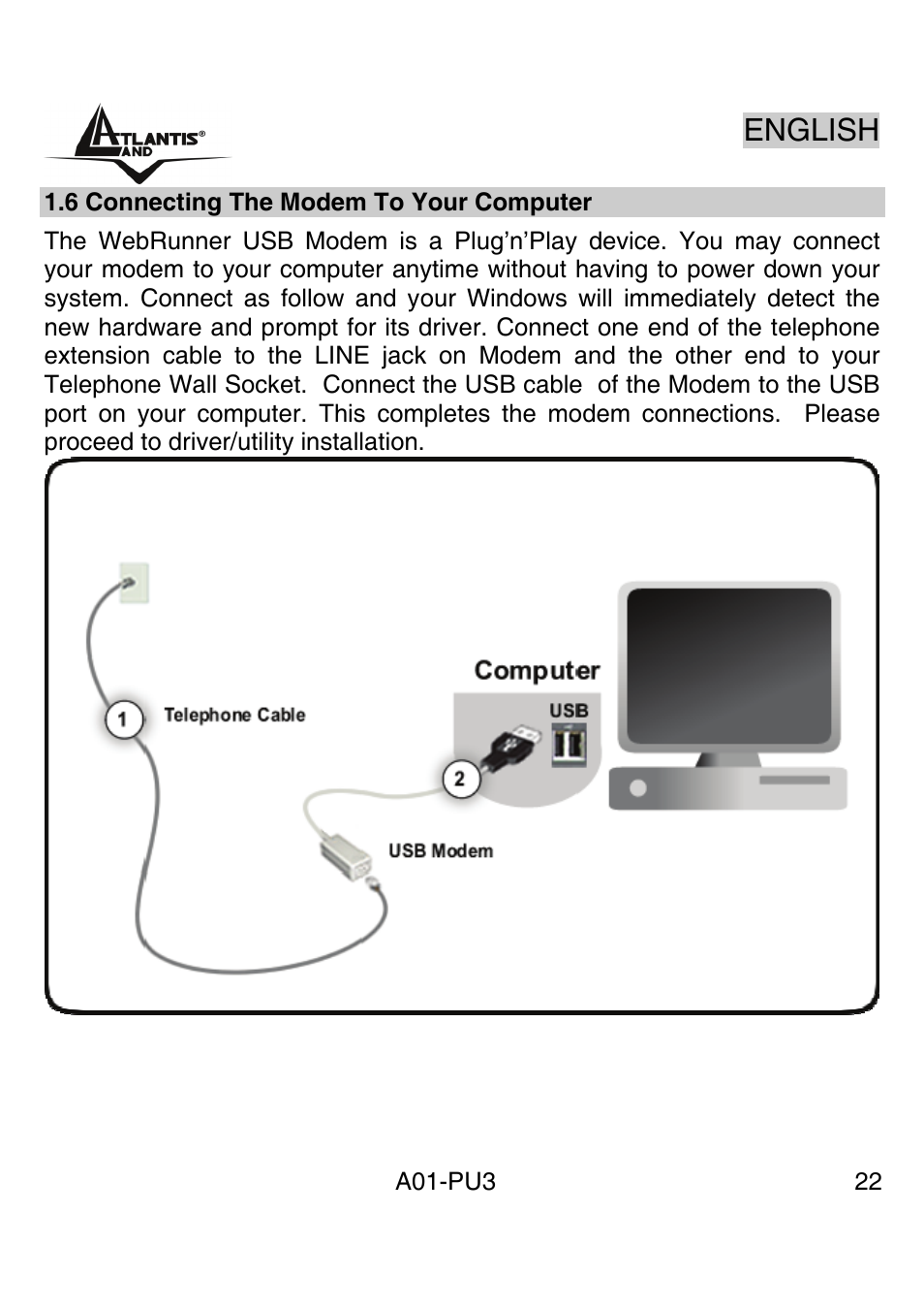 English | Atlantis Land WebRunner USB V.90/V.92 56K Modem A01-PU3 User Manual | Page 21 / 37