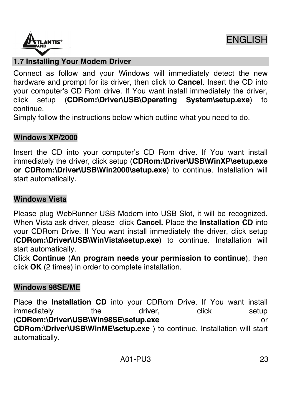 English | Atlantis Land WebRunner USB V.90/V.92 56K Modem A01-PU3 User Manual | Page 22 / 37