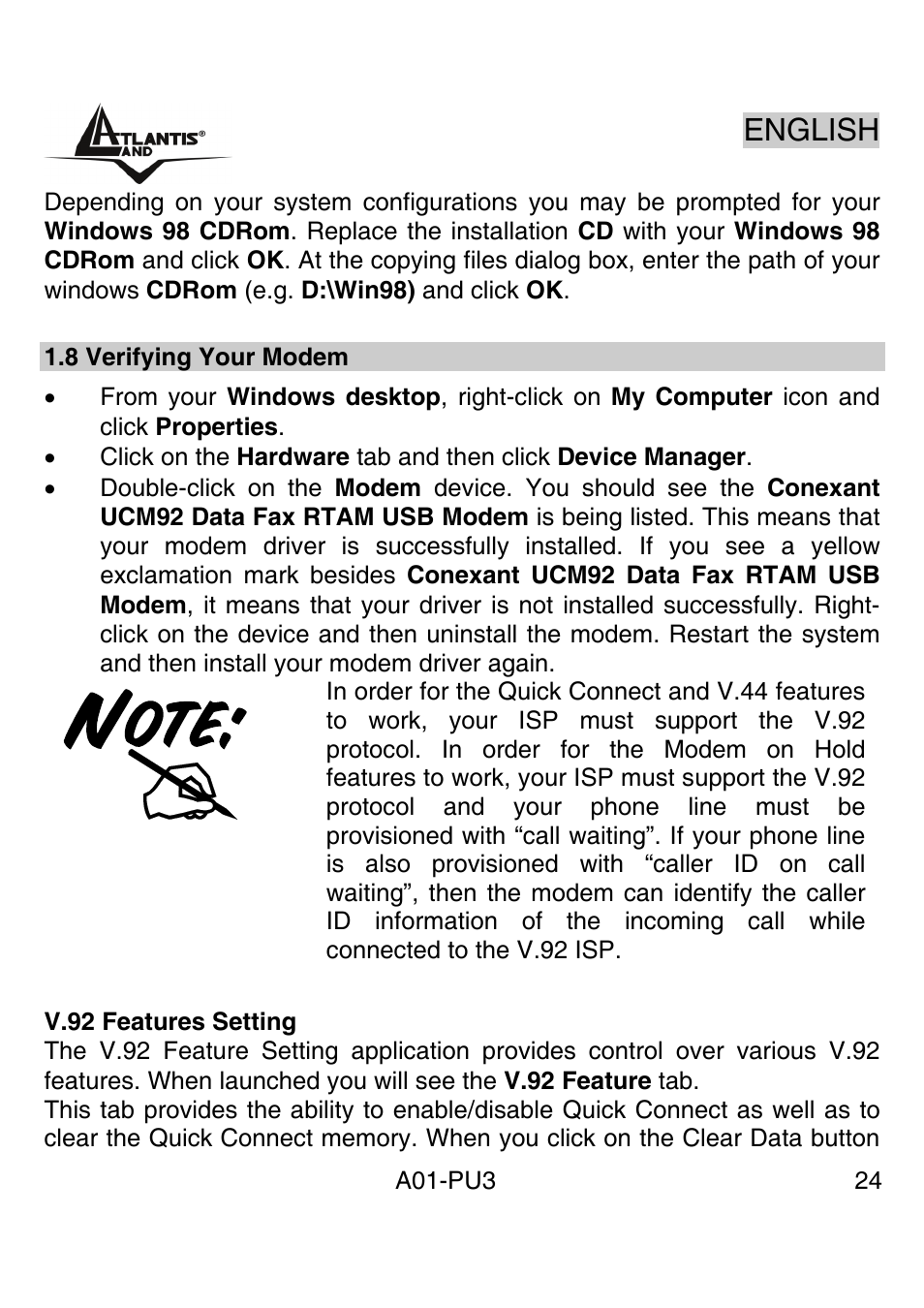 English | Atlantis Land WebRunner USB V.90/V.92 56K Modem A01-PU3 User Manual | Page 23 / 37