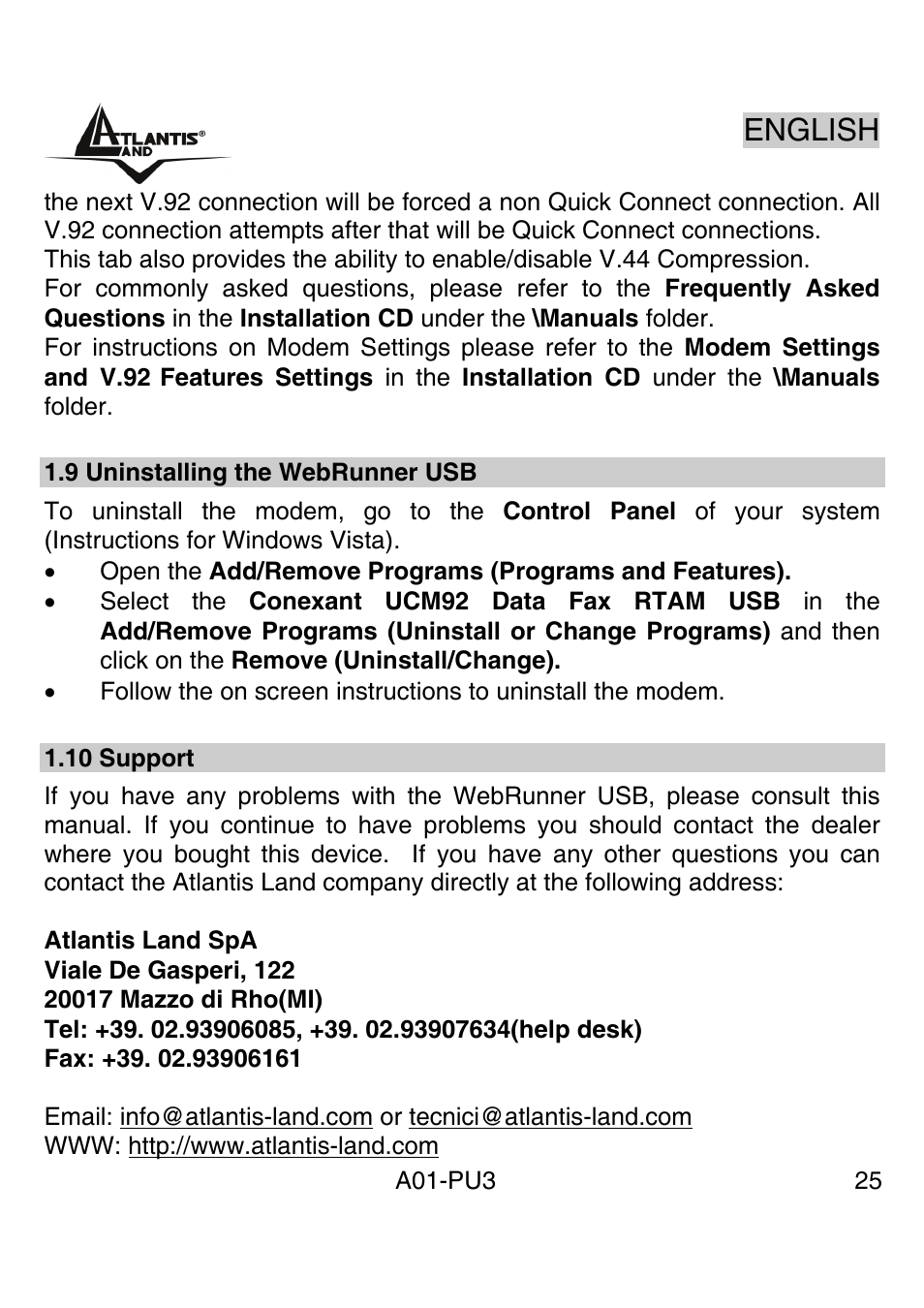 English | Atlantis Land WebRunner USB V.90/V.92 56K Modem A01-PU3 User Manual | Page 24 / 37