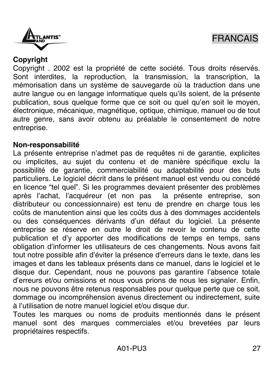 Francais | Atlantis Land WebRunner USB V.90/V.92 56K Modem A01-PU3 User Manual | Page 26 / 37