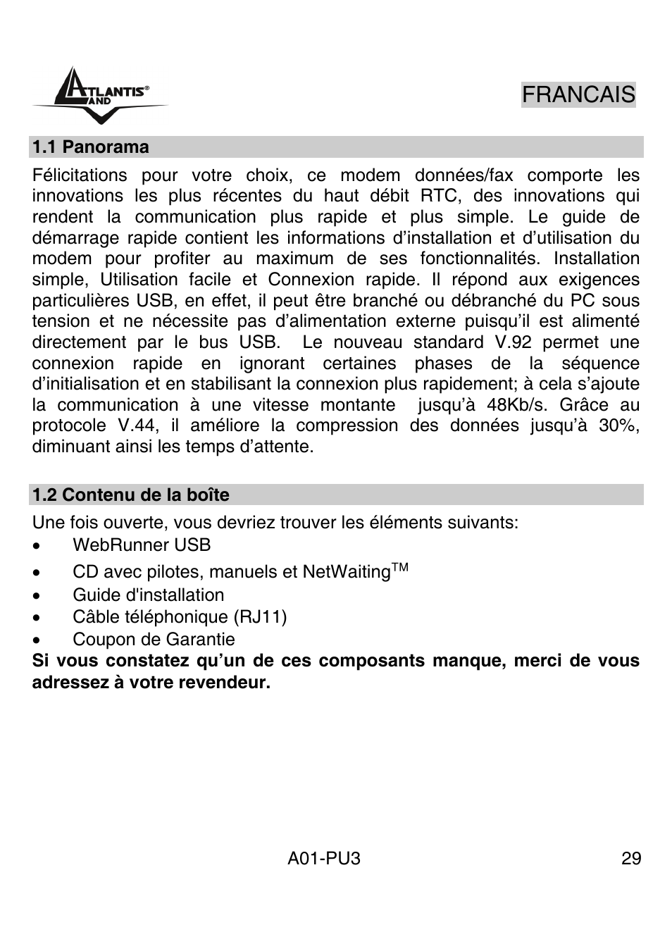 Francais | Atlantis Land WebRunner USB V.90/V.92 56K Modem A01-PU3 User Manual | Page 28 / 37