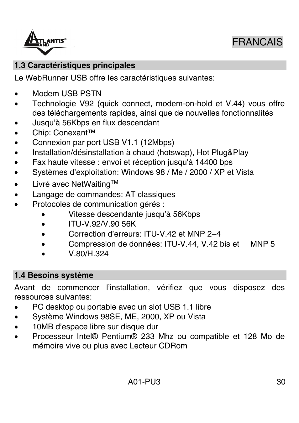 Francais | Atlantis Land WebRunner USB V.90/V.92 56K Modem A01-PU3 User Manual | Page 29 / 37